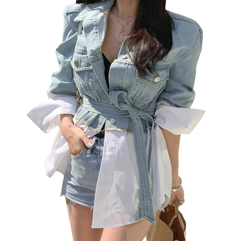 

CHICEVER Patchwork Oversized Coat Autumn Fashion Lapel Long Sleeve With Sashes Women Denim Jacket