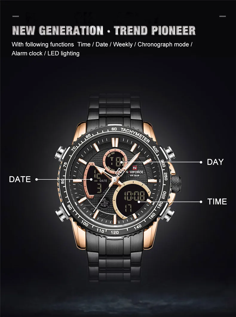 NAVIFORCE 9182 Watch for Men Luxury Brand LED Digital Wristwatch Sport Quartz Male Waterproof Luminous Clock Relogio Masculino