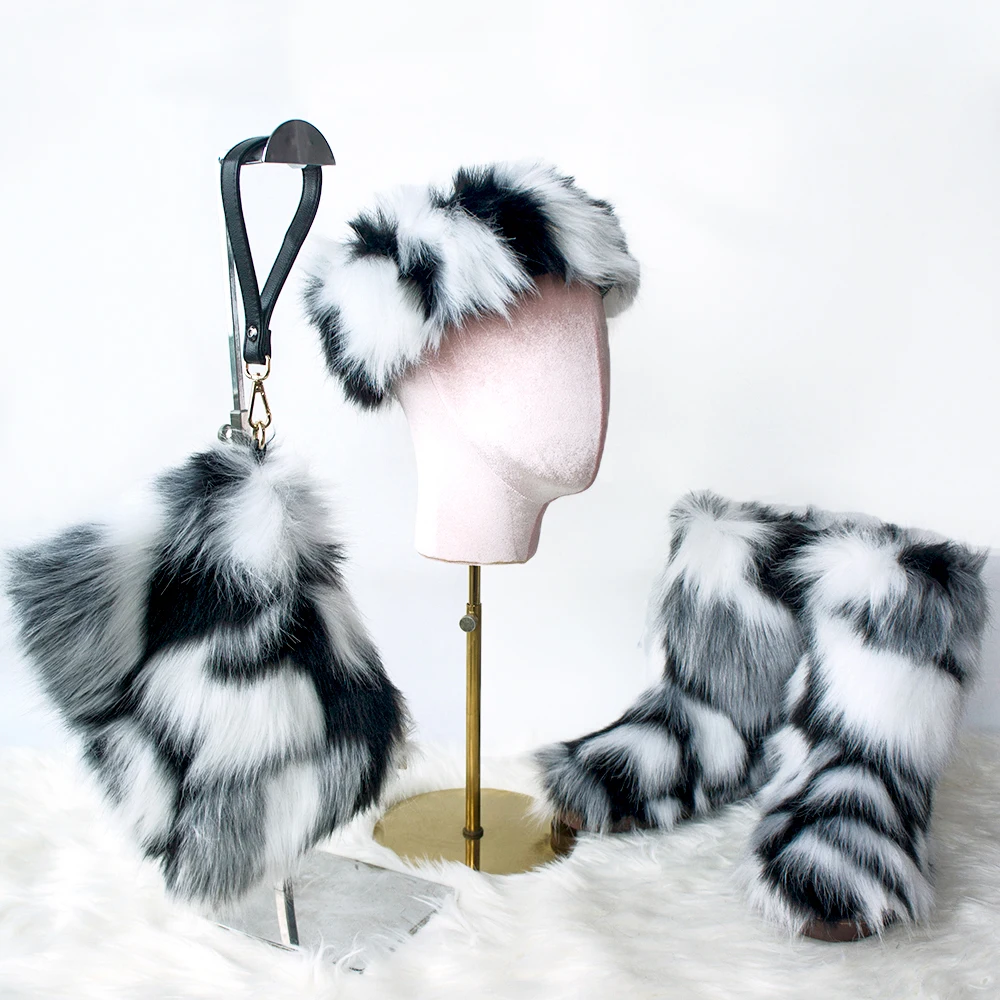 
Fashion winter Fake Fox Fur Rainbow Bags With Colorful fur headbands Hat And Multicolor Fur boots Sets  (62313636036)