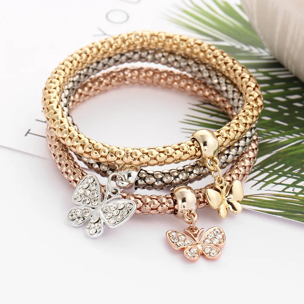 

Stretch popcorn corn chain with diamond butterfly pendant bracelet, Gold/silver/rose gold