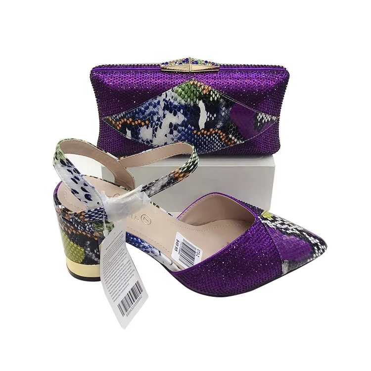

PU custom printed open toe high heels new and bag for women