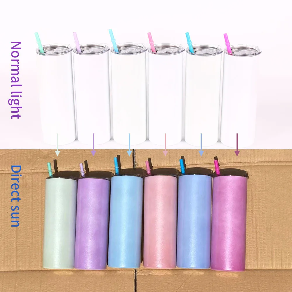 

RubySub New Stainless Steel 20oz Sublimation Skinny Straight UV Color Changing Tumblers with Straws, 6 colors