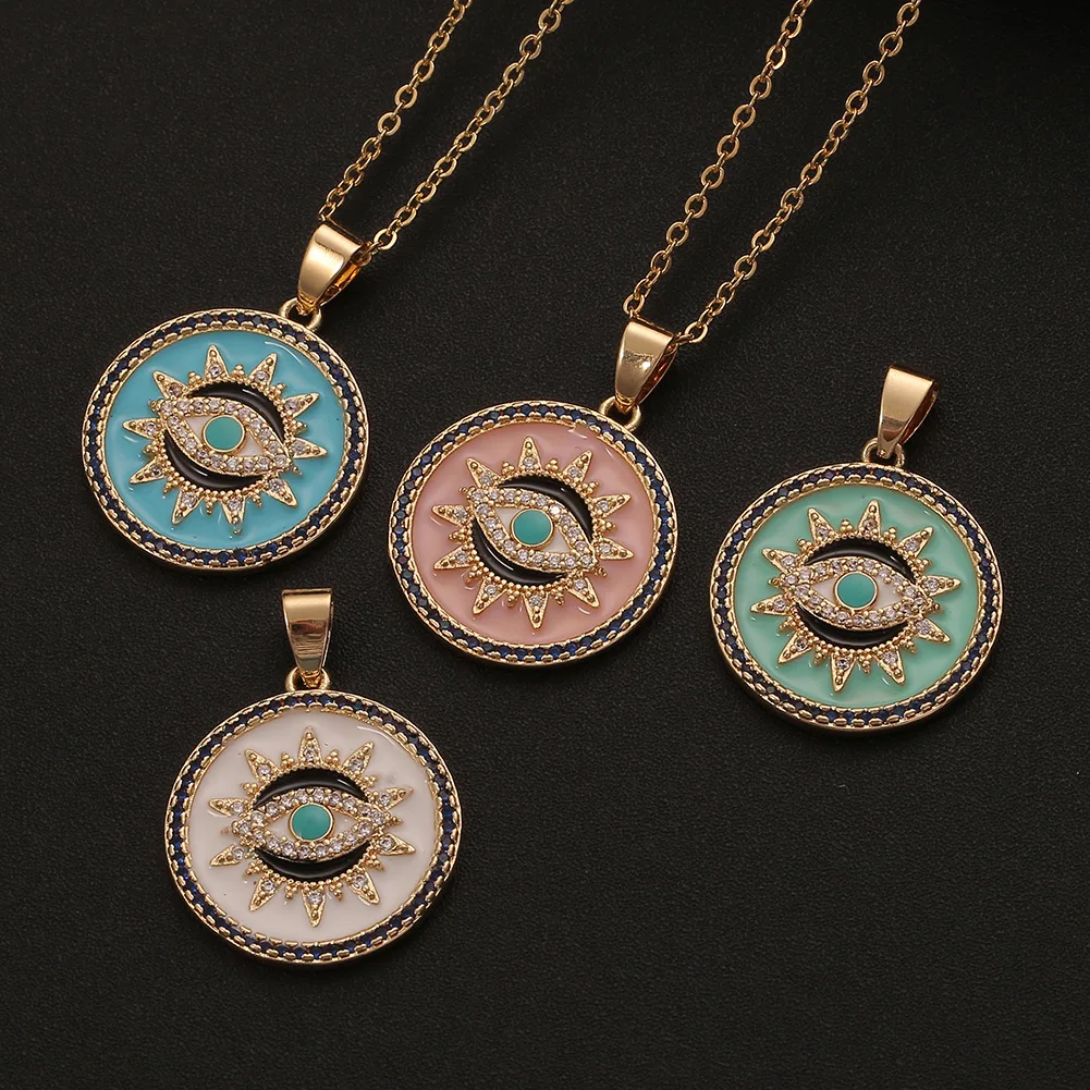 

European Retro Geometric Round Multi Color Oil Drip Necklaces Cubic Zirconia Evil Eyes Necklaces Colorful Eye Enamel Necklaces