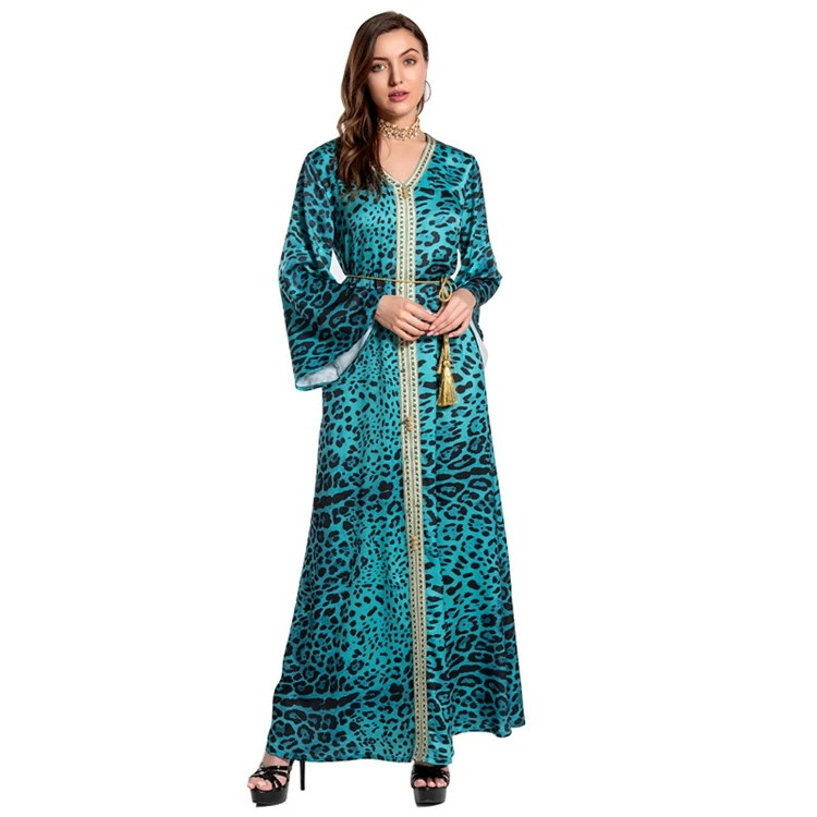 

Middle East Dubai Leopard Print Long Robe Kaftan Caftan Dress Muslim Abaya Jalabiya Jalaba