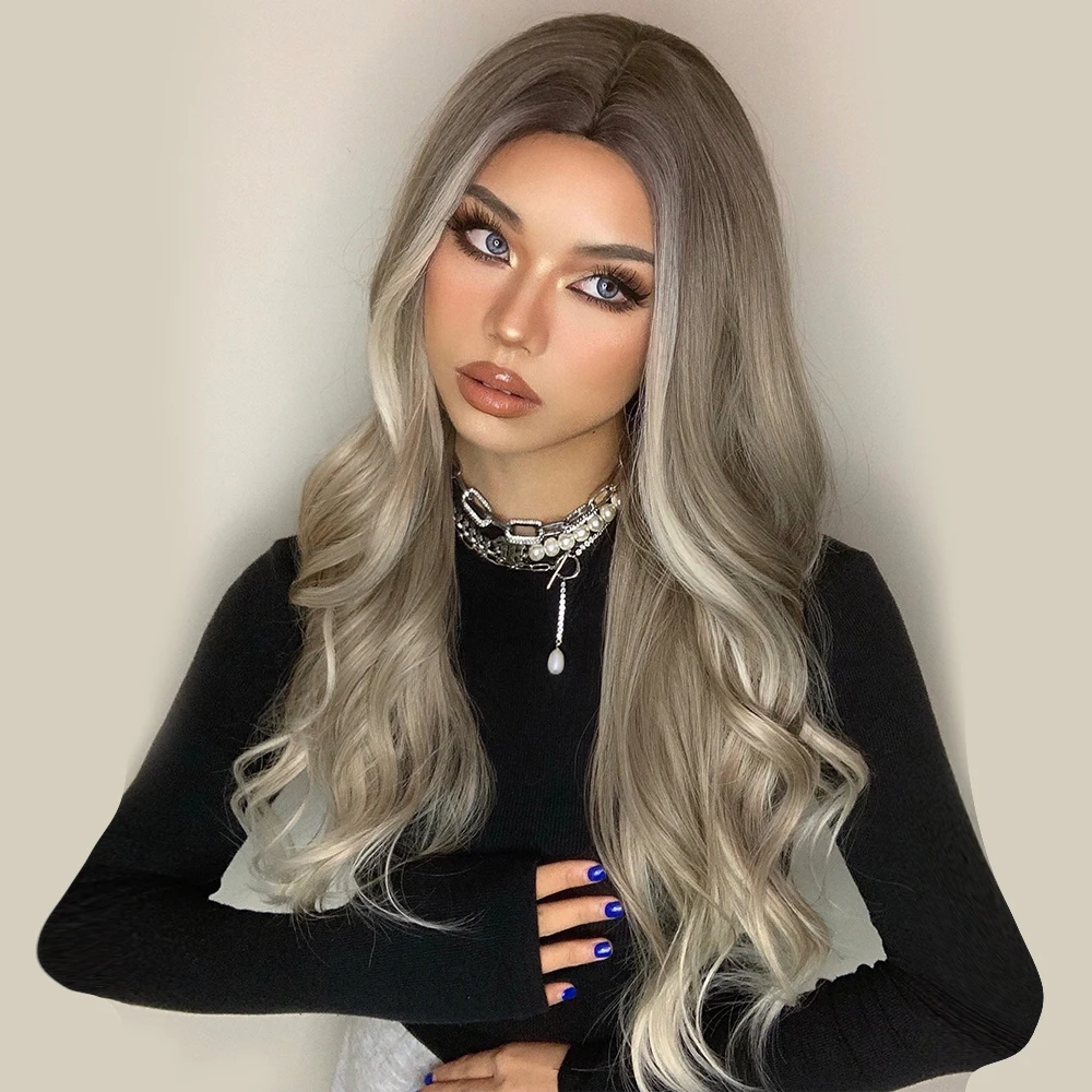 Ombre Platinum Blonde Highlight Synthetic Wigs Long Middle Parted Natural Wavy Hair Wig Wigs Wholesale Prices