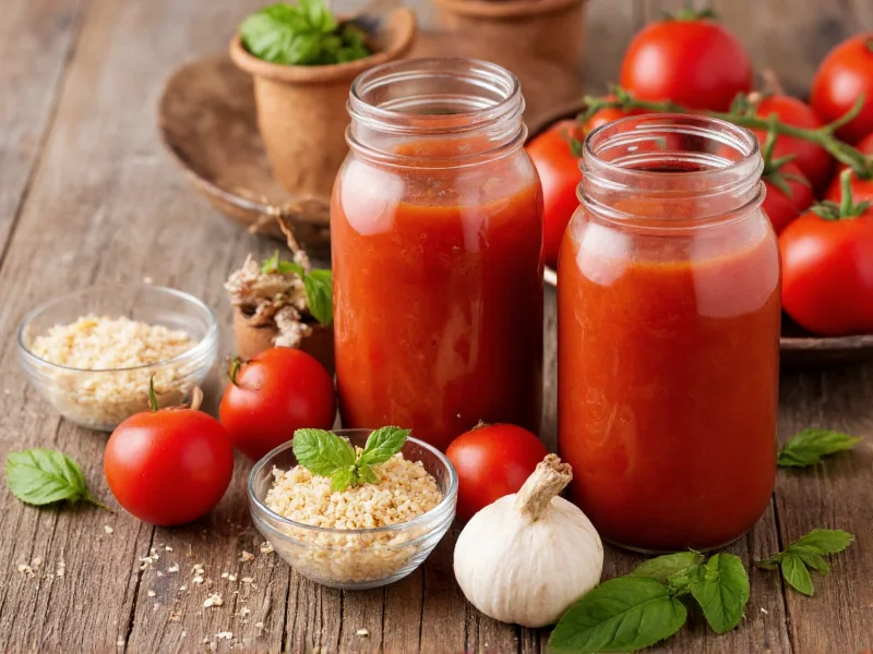 Tomato soup ingredients in mason jars on wooden table
