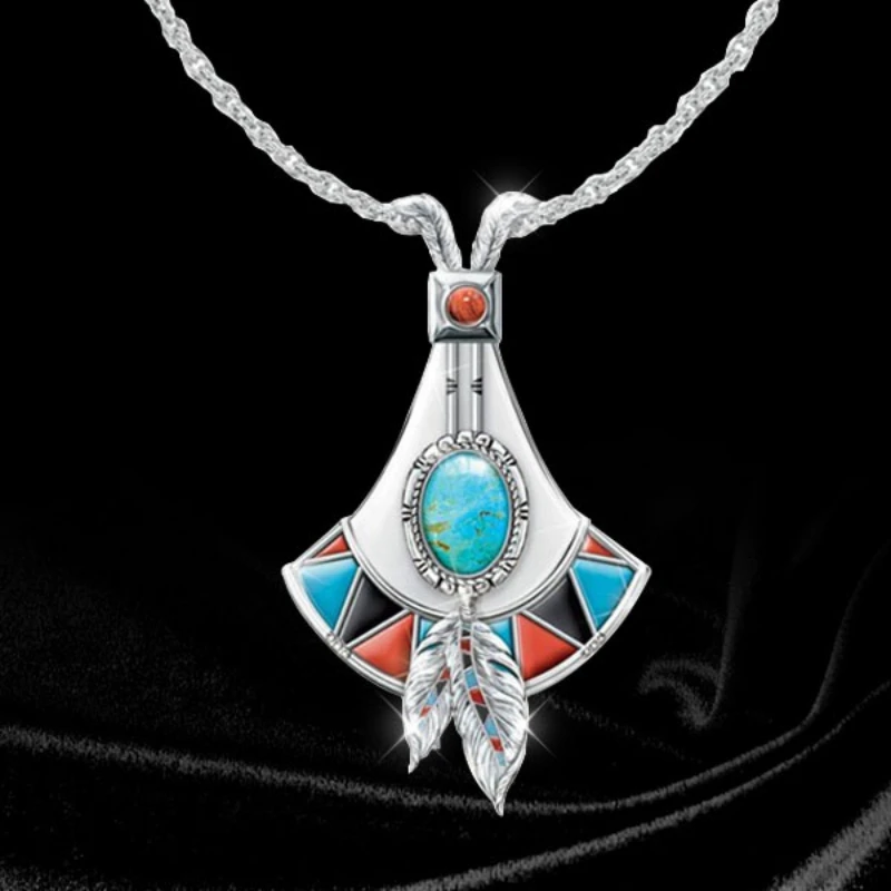 

Ladies Gem Inlaid Jewelry Fashion Ladies Daily Accessories Vintage Indian Native Feather Pendant Necklace