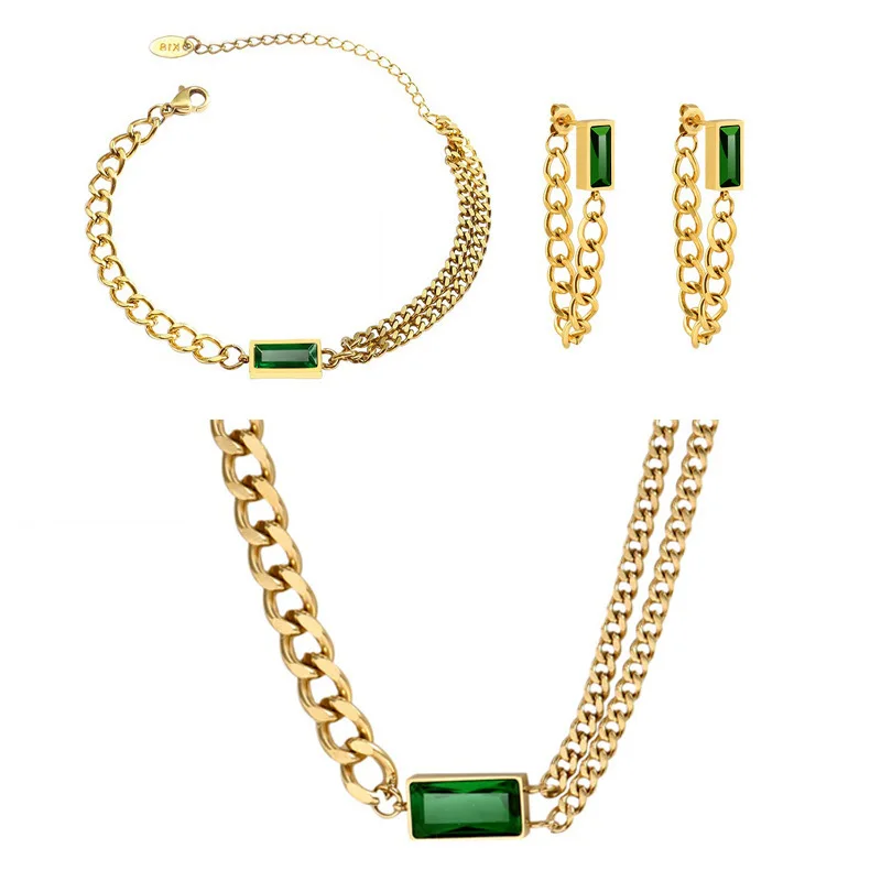 

Cuban chain necklace women fashion gold plated earrings emerald zirconia wholesale jewelry sets ensembles de bijoux