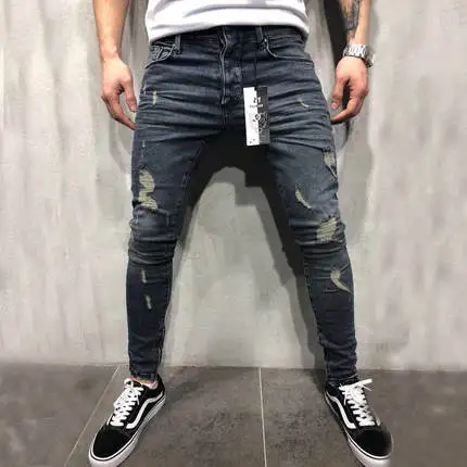 

Denim hole hipster fashion skinny solid men's high quality mid waist pencil elastic male pants stretch jeans for men