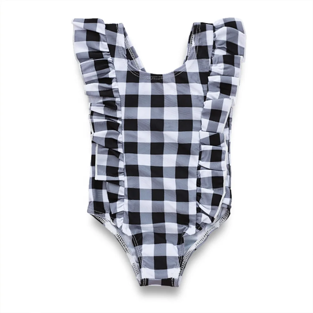 

boutique baby black and white lattice ruffled one piece swimsuit young girl swimsuit model girl swimwear, Picture shown