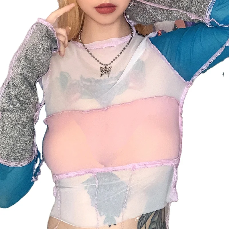 

T1738019 Comfortable branded classical crop t-shirt corset top sexy women net perspective long sleeve patchwork color contrast