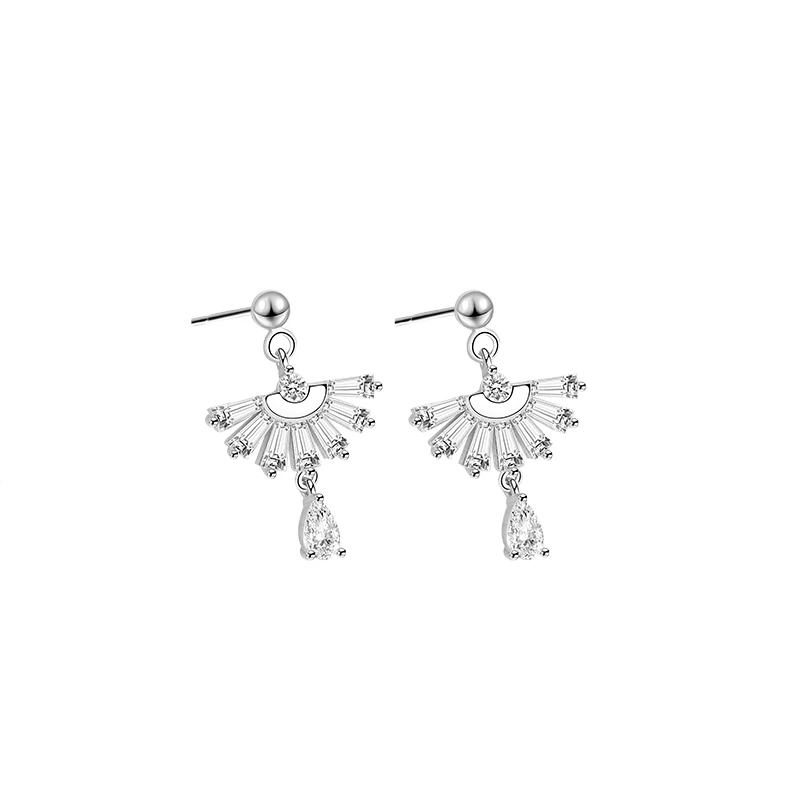 

925 Sterling Silver Earrings Clear Cubic Zirconia Fan Shaped Earrings
