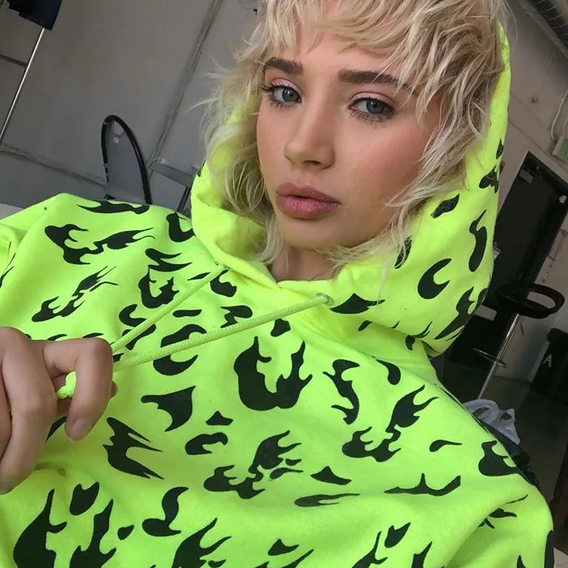 

Yingchao Hot 2020 Fashion New Arrivals Casual Green Printing Long Sleeve Loose Hip Hop Hoodie Pullover Sweatshirts Women