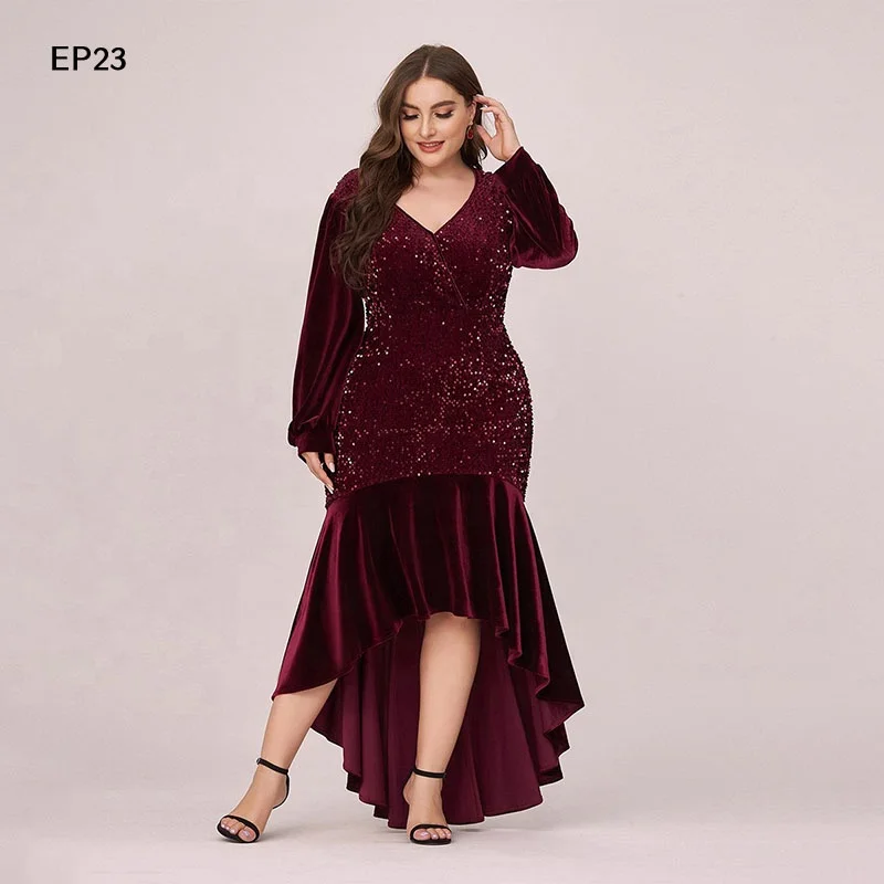 

Jancember EP23 Full Polyester Sequined Embroidered Fabric Slit Dress Plus Size Evening Dress