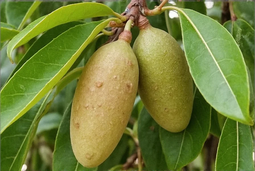 Mature nutmeg tree showing fruit development stages in tropical environment