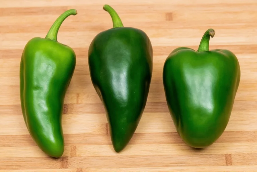Side-by-side comparison of poblano chili substitutes including Anaheim, Cubanelle, and bell peppers on wooden cutting board