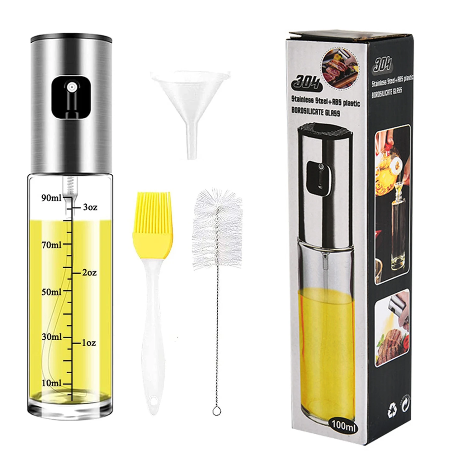 

Manufacturer Baking Cooking BBQ Stainless Steel Food Glass Bottle Brush Funnel Silicone Sweep Kitchen Tool Set Oil Sprayer, Sliver