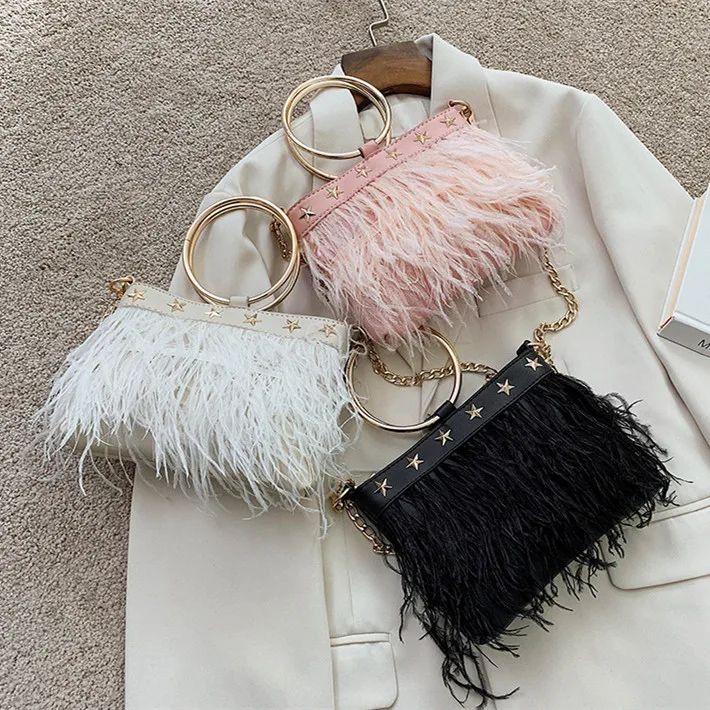 

New trendy autumn and winter fuzzy bucket clutch single shoulder messenger chain evening fur bag women handbags ladie with star