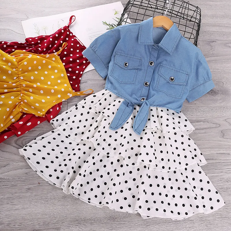 

kids summer dot dress girls sling cake dress denim shirt clothes set baby summer korean stly 2pcs outfit, As picture