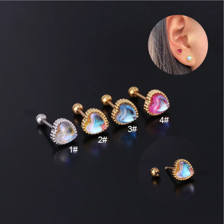 

HOVANCI 4 Latest Raw Moon Stone Jewelry Tragus Cartilage Helix Heart Circle Heart Screw Back Stainless Steel Ear Piercing, As picture