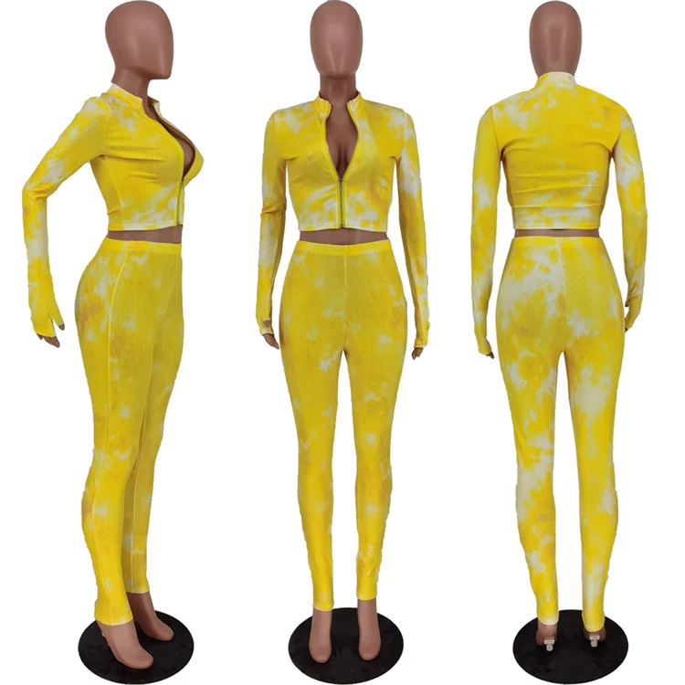 Wholesale Lady Outfit Long Sleeve Zipper Tie Dye Tight Sexy Plus Size Autumn Women 2 Piece Set