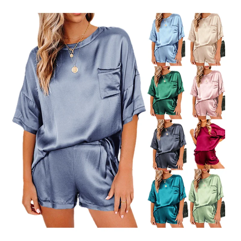 

Women Sleepwear Two Piece Set Short Sleeve Homewear Simulation Silk Satin Pajamas Sets Solid Color Silk Pijama Women's nightwear