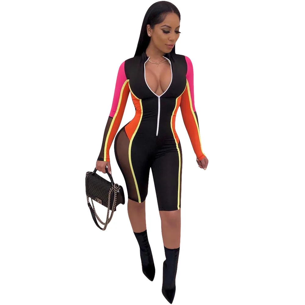 

2021 New Arrivals Summer Fashion Women Casual Front Zipper Up Top Short Pants Color Block Patchwork Mesh Spliced Romper Jumpsuit, Picture show