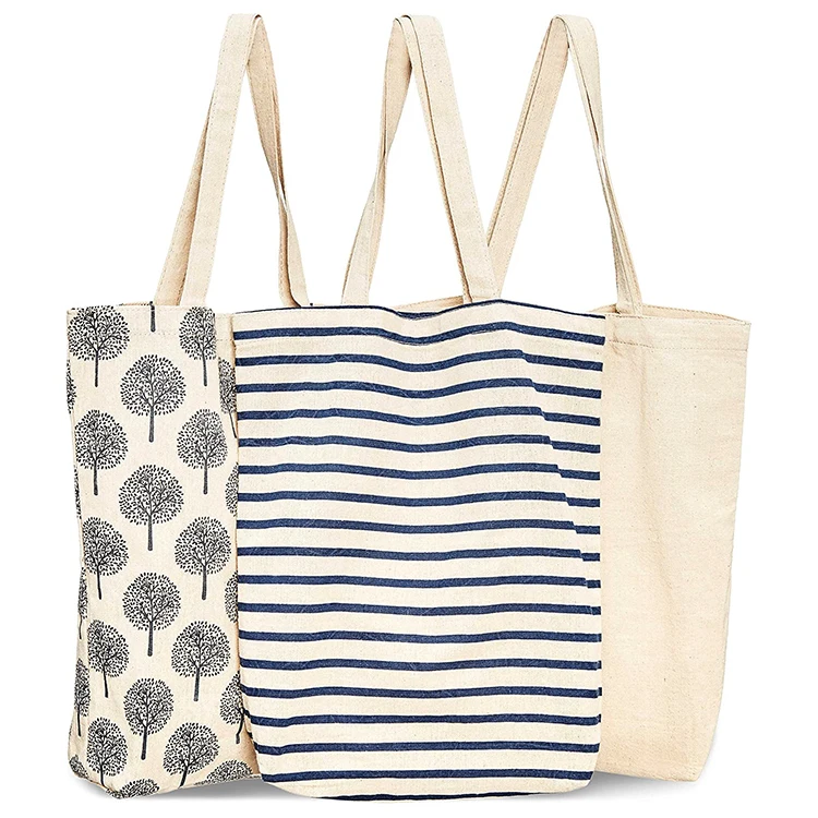 

Wholesale Woman Fashion Large White Cotton Canvas Fabric Striped Tote Shopping Bag With Custom Print Logo Packaging Supplier