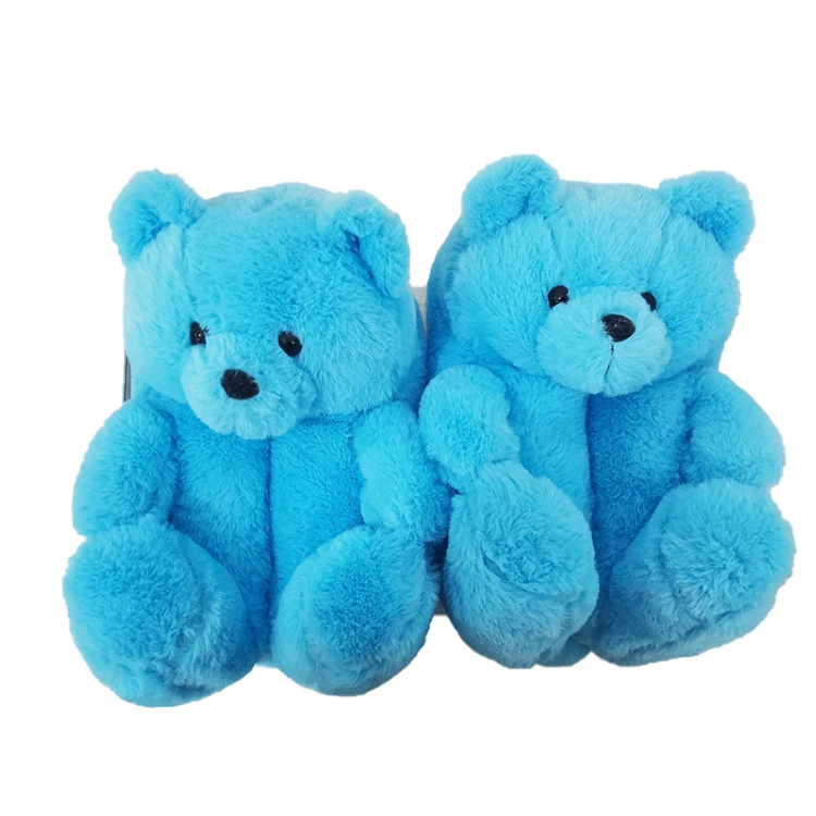 

Furry Plush Blue Big Teddy Bear Slippers Home Wear Ladies Toddlers Bear Warm Slippers New Hot Sale Women and Kids