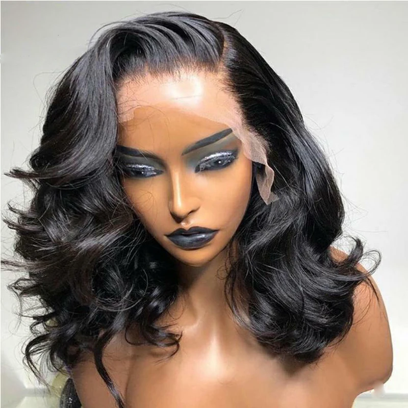 

180% Density Lace Front Human Hair Wigs Pre Plucked Brazilian Virgin Hair Wavy Short Bob Glueless Wig for Woman, Natutal black hair