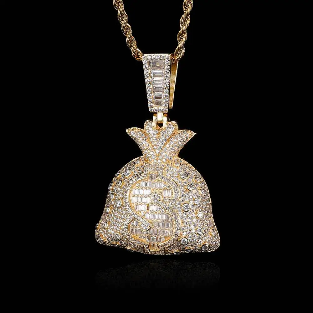 

Hip Hop Men Charm Pendant Jewelry Iced Out Bling CZ Diamond Dollar Sign Money Bag Pendant Necklace, Picture