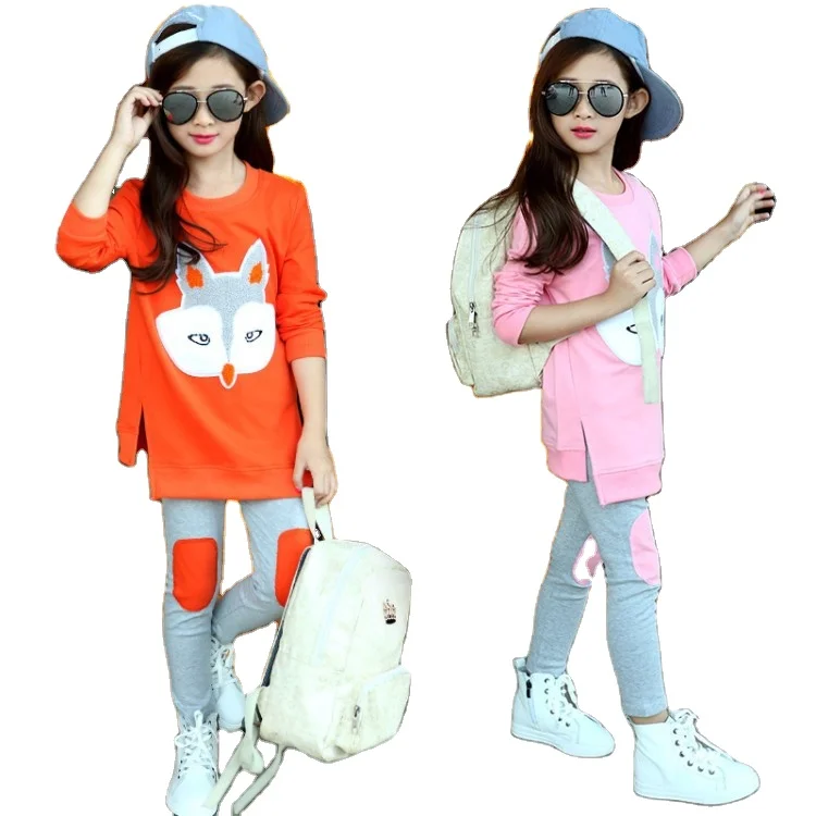 

Spring New Cartoon Cotton Long Sleeve T Shirt+ Leggings Two Piece Suits for Girls Cute Clothing 8-13 Ages, Picture shows