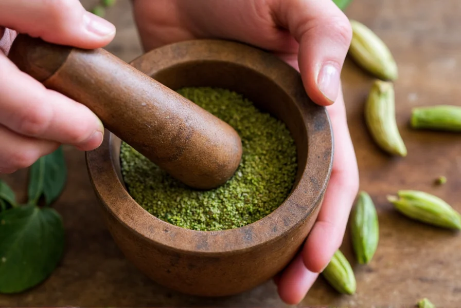 Hand holding mortar and pestle with green cardamom pods and freshly ground spice