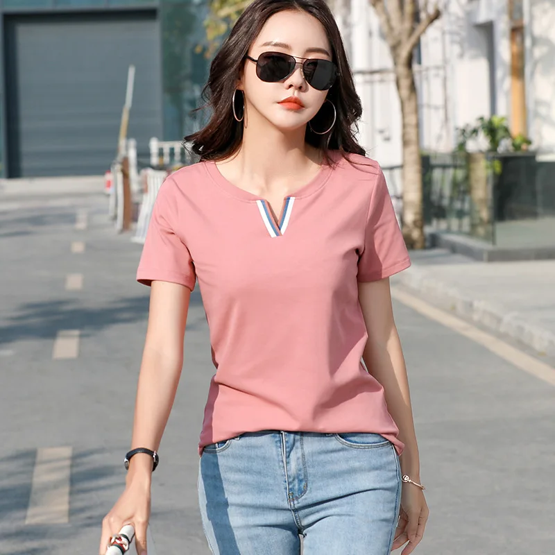 

2021 Summer new v-neck show thin cultivate one's morality short sleeve T-shirt