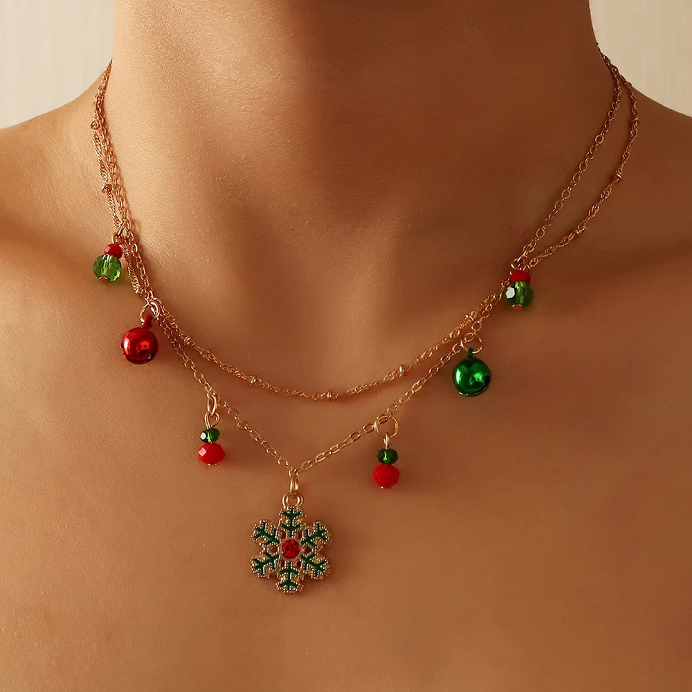 

European and American holiday jewelry new fashion Christmas bell snowflake necklace charms double layer clavicle chain for women
