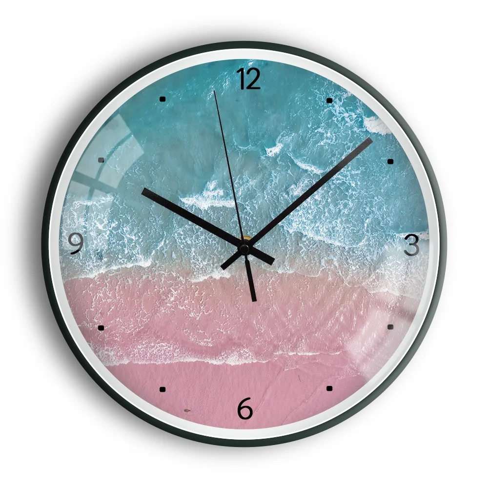 

Preciser Pink Beach Custom Logo Printed Cheap 12inch Glass Wall Clocks, Customized color