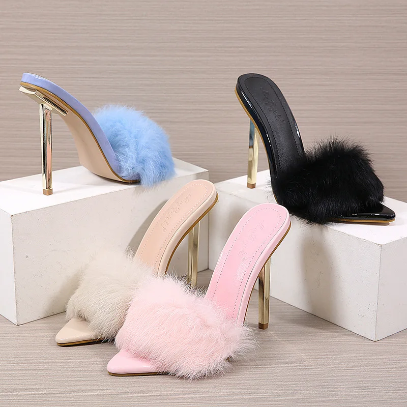 

2021 New arrival women's summer high heel sandals rabbit fur iron heels slippers women's sandals, 4colors