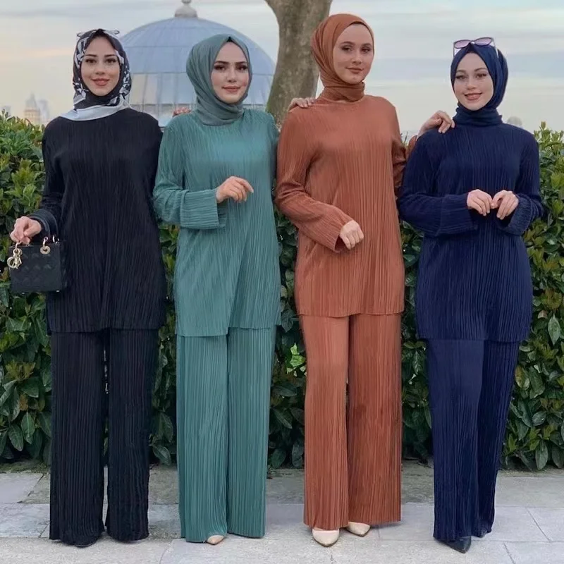 

New Arrival Malaysia Plus Size Women Baju Kurung Modest Islamic Clothing Sets Pleated 2 Pcs Abaya Suit, 4 colors in stock also accept customized color