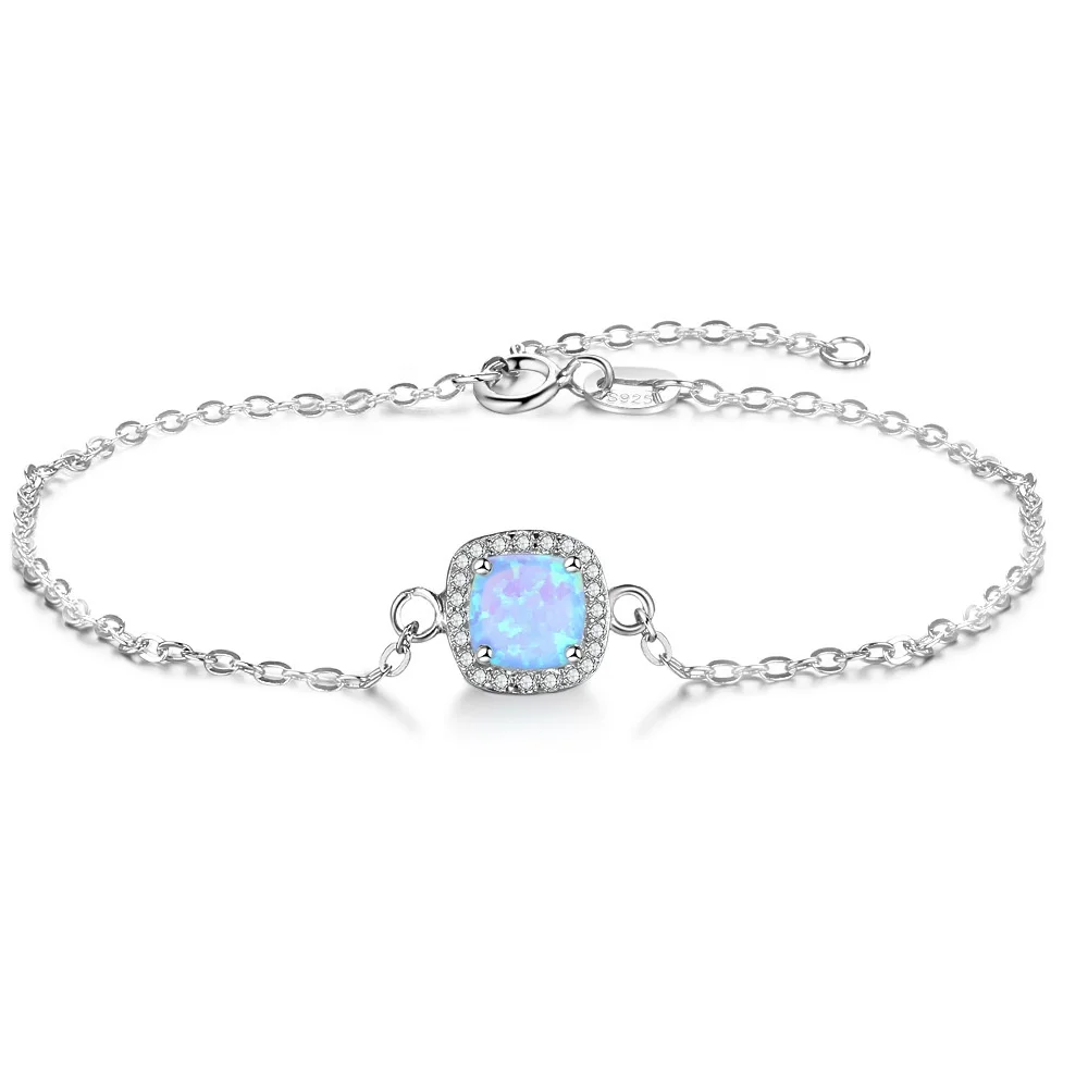 

Classic Design 925 Sterling Silver Jewelry Cushion Halo Blue Fire Opal Bracelets Jewelry, White opal