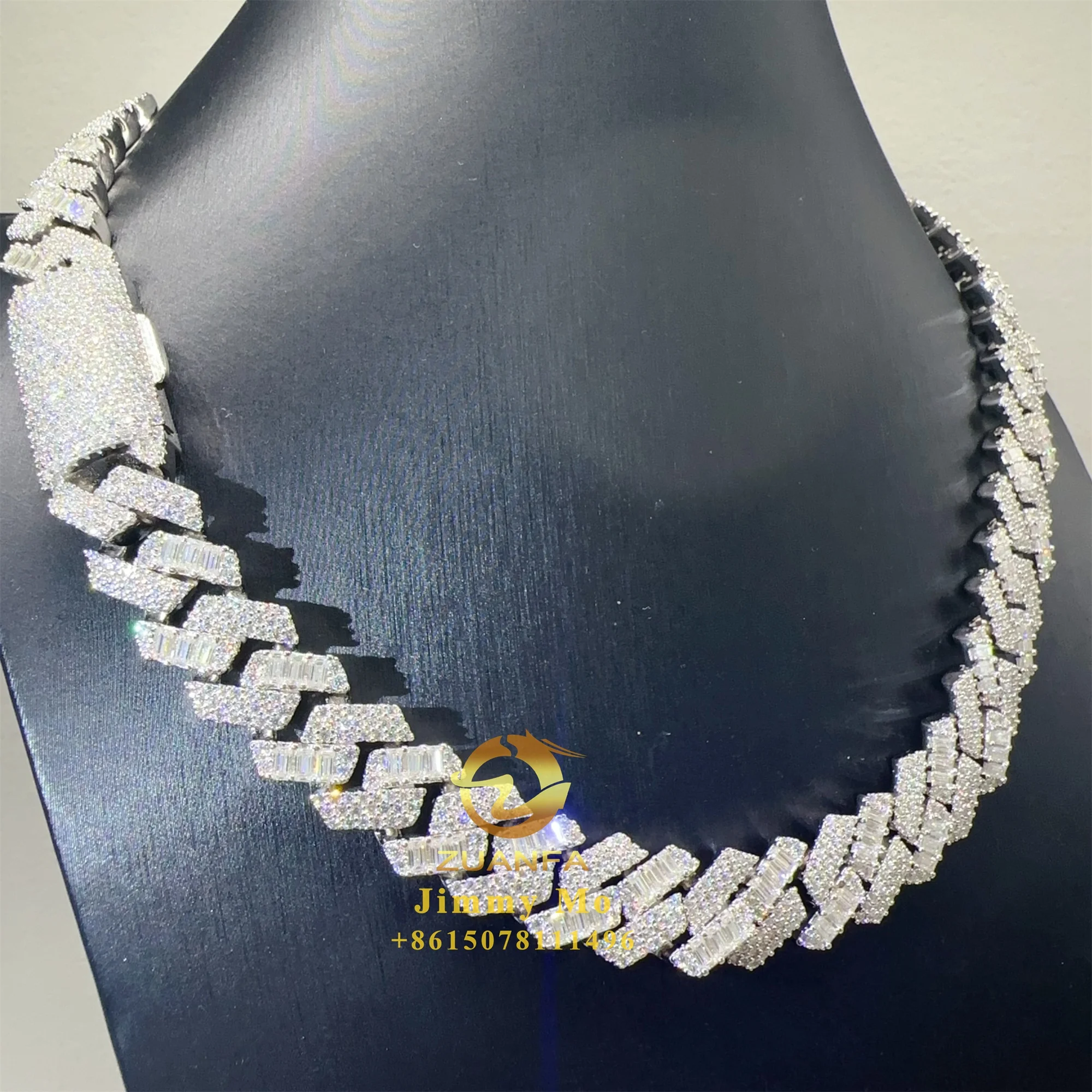 

Fashion jewelry Iced Out Hip Hop 925 Solid Silver 15mm VVS1 Baguette Moissanite Diamond Miami Cuban Link Necklace Bracelet men
