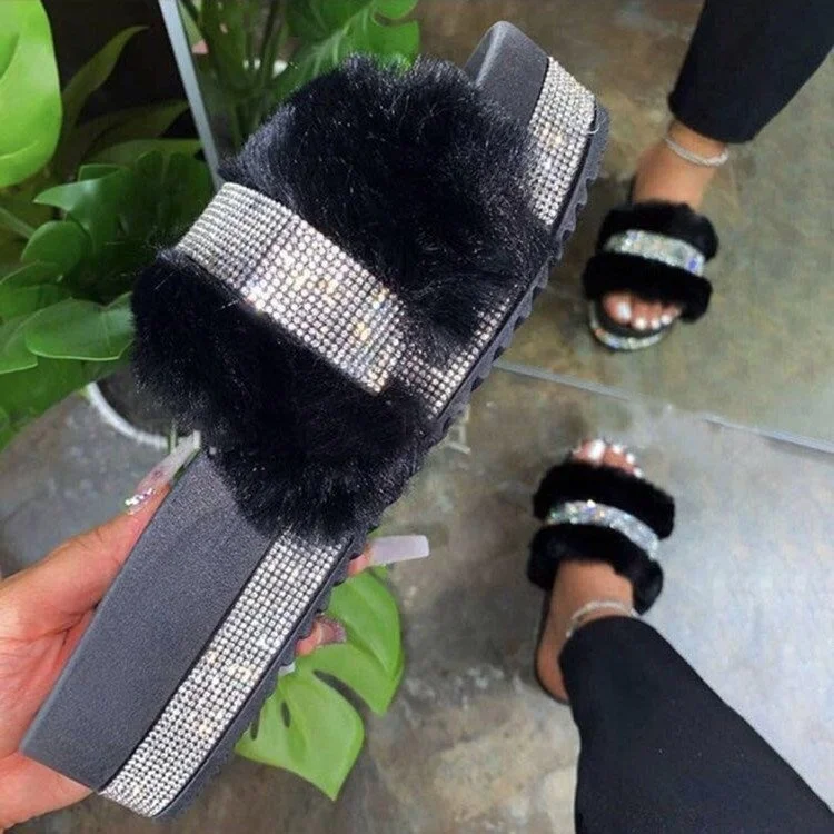 

Platform Wedges Heel Solid Fluffy Furry Slides Outside Sexy Shoes Women Fur Rhinestone Slippers, White, black, pink