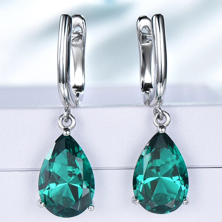 UMCHO Classic Single Gemstone Pear Cut Emerald 925 Sterling Silver Drop  Earring for Women Girl