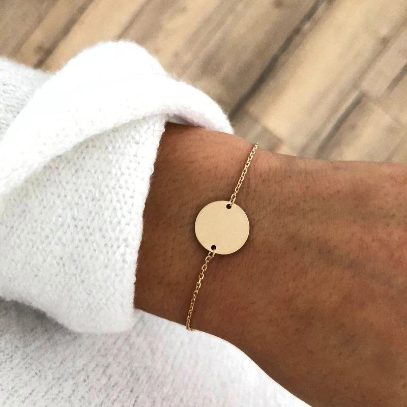 

DIY Blank Disc Charms Custom Engraved Silver Gold Plated Minimalist Stainless Steel Round Disc Coin Charm Bracelet For Men Women