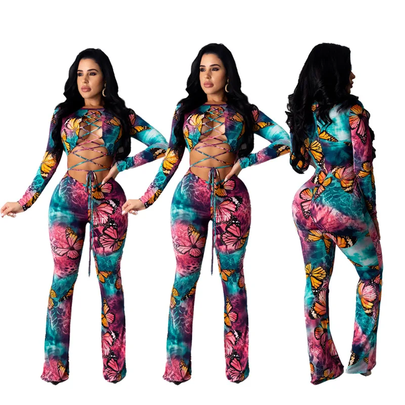 

European and American Women's Hot Sale New Style Sexy Strappy Butterfly Print Jumpsuit Flared Pants, Picture