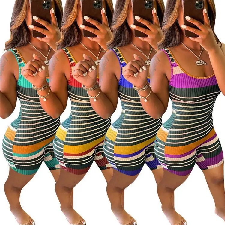 

OSINA Wholesale Horizontal Stripes Printed Sleeveless Summer Casual Vest Top Women One Piece Bodycon Short Jumpsuits