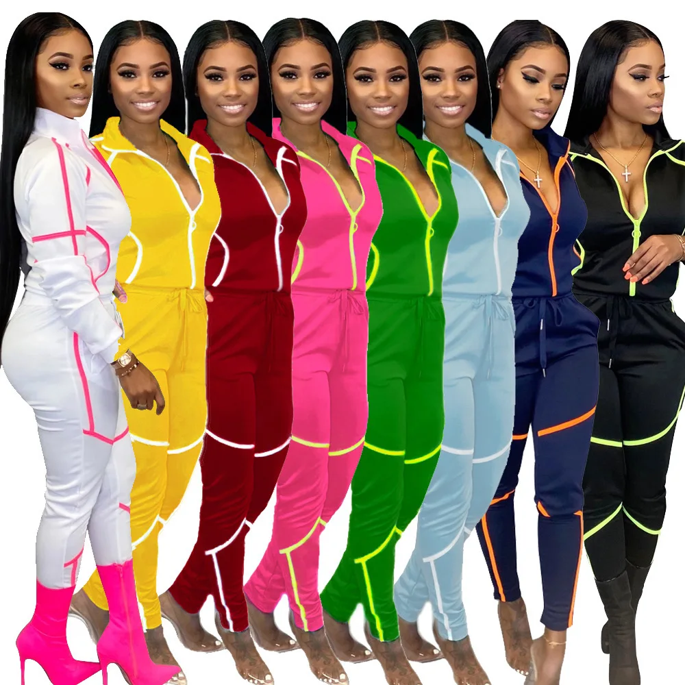 

Zoom Life Long Sleeve Stand Collar Jacket Side Strip Pants Set Solid Color 2 Pieces Anorak Set With Zip Outfits Tracksuit