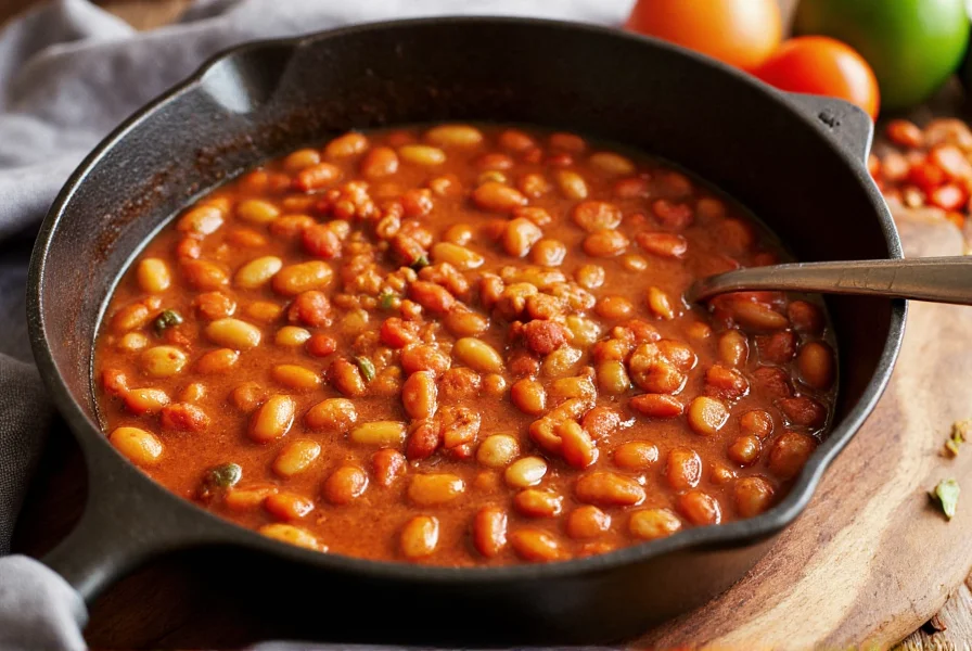 Quick vegetarian chili in a cast iron pot with beans, tomatoes, and spices