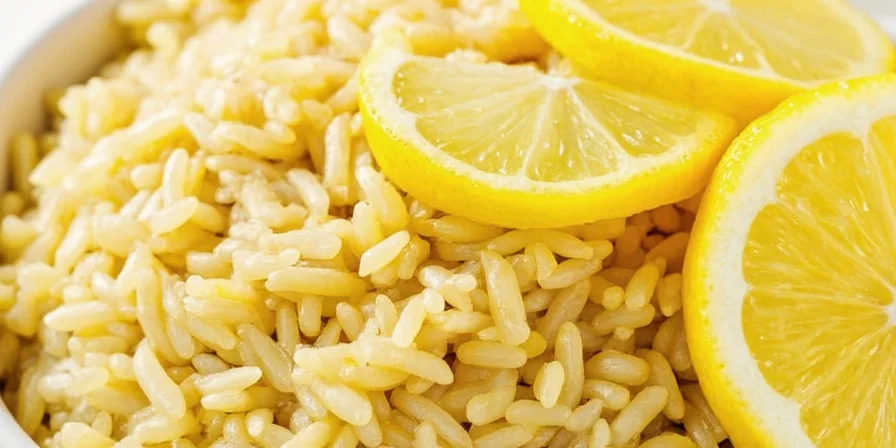 Finished lemon rice dish with fresh lemon slices and herbs garnished on top