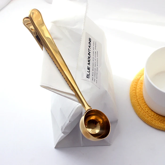 
Metal Coffee Spoon with bag clip gold 2 in 1 coffee scoop wedding door gift 