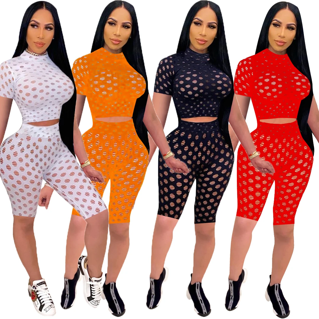 

2021 new arrives Spring Summer women's new fashion sexy hollow biker short 2 pieces set outfits